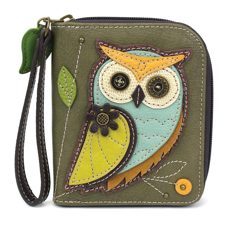 CHALA Zip Around Wallet, Wristlet, 8 Credit Card Slots, Sturdy Pu Leather - Owl-A - Olive - Image 1